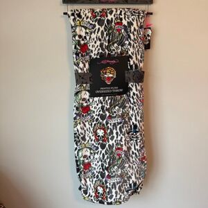 New Ed Hardy Snow Leopard Throw Blanket 60x70 White Gothic Skull Grey Y2K
